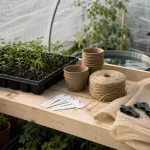Accessoire serre de jardin : toile d’ombrage beige dans la serre