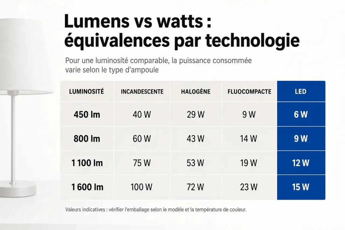 Conversion lumen en watt : tableau comparatif des équivalences entre incandescence, halogène, fluocompacte et LED