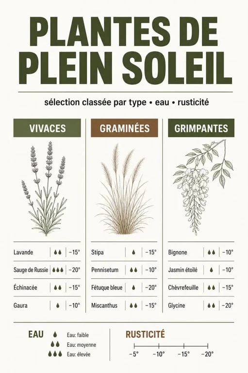 Infographie comparative des plantes de plein soleil : vivaces, graminées et grimpantes pour jardin et balcon