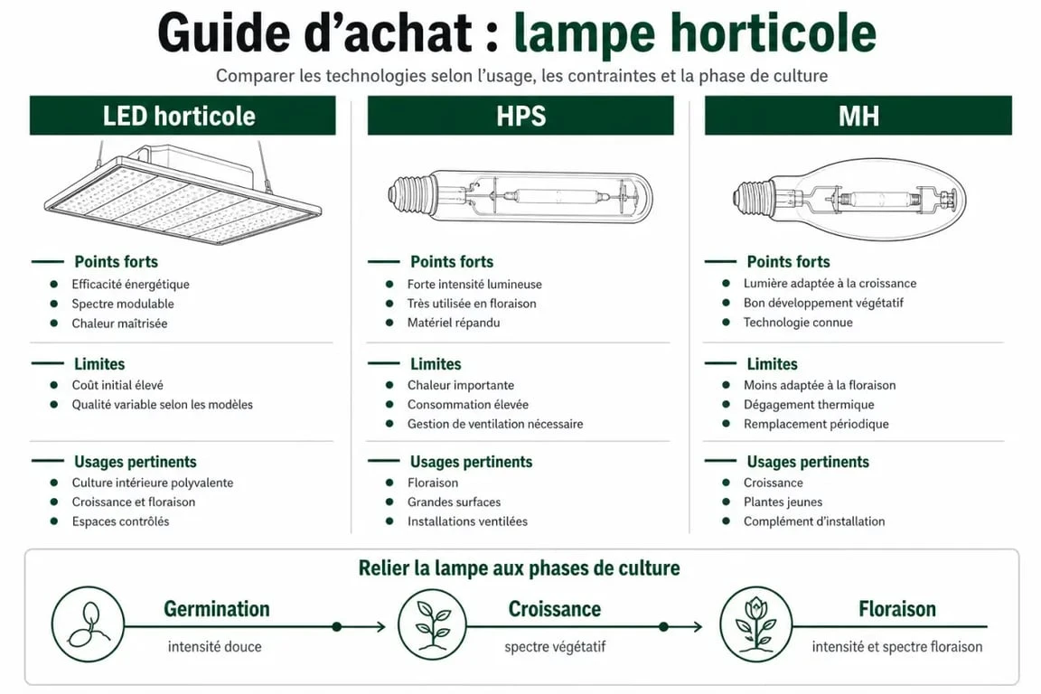 Comparatif lampe horticole LED, HPS et MH pour choisir selon la phase de culture