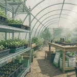 Etagere serre de jardin en serre tunnel, tablettes et bacs de semis