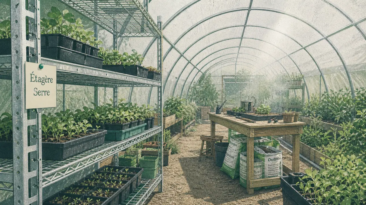 Etagere serre de jardin en serre tunnel, tablettes et bacs de semis