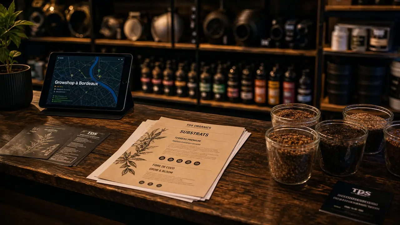 growshop bordeaux, intérieur boutique avec carte et substrat
