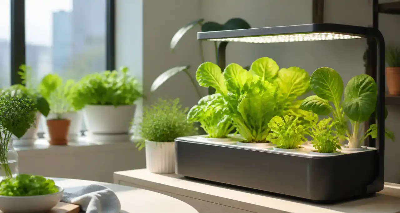 Système hydroponique domestique et jeunes pousses vertes sous éclairage LED horticole dans un intérieur d'appartement moderne