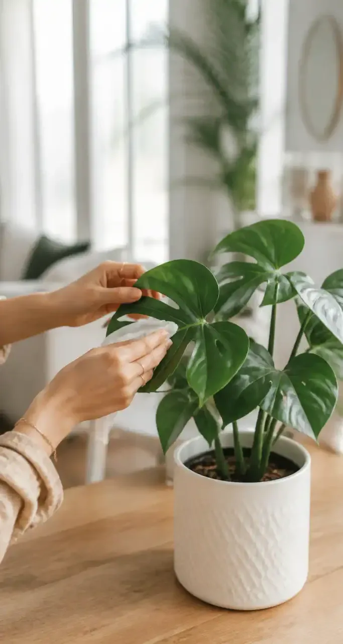 Mains prenant soin d'une plante tropicale en pot céramique dans un appartement