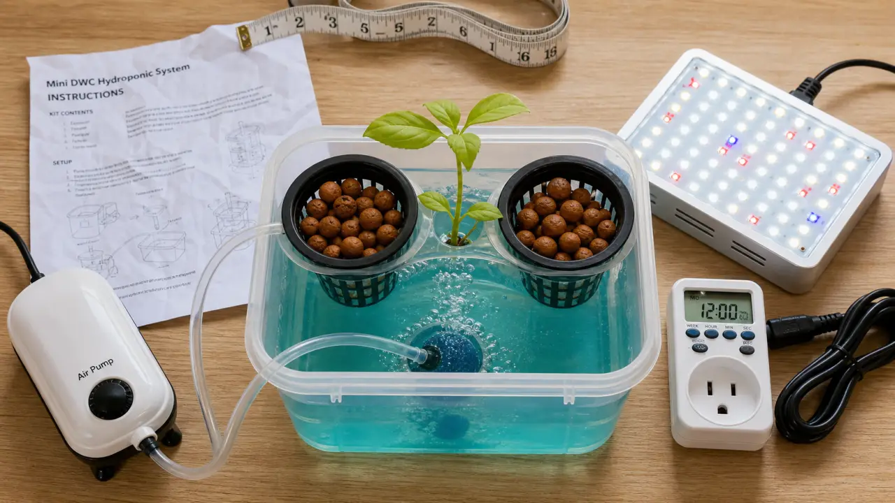 Materiel hydroponique DWC avec LED, pompe à air et billes d’argile
