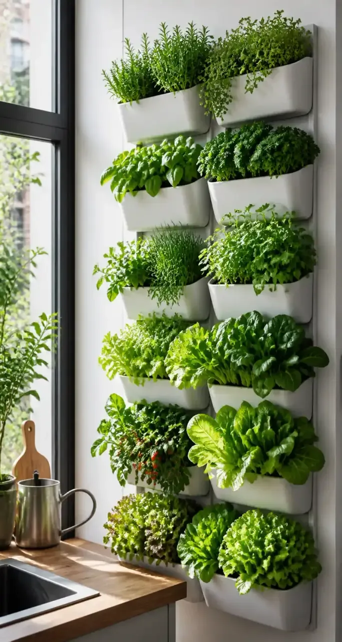Potager vertical urbain sur un mur de cuisine moderne