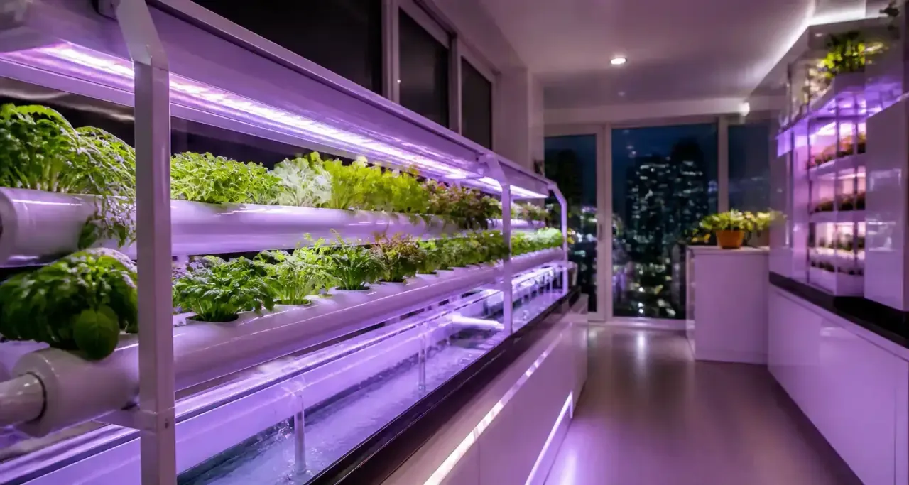 Serre d'intérieur hydroponique éclairée par LED dans un appartement