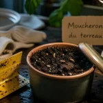 Anti moucherons plantes d intérieur : larves dans le terreau et piège jaune
