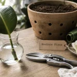 Bouturage caoutchouc Ficus elastica : bouture à l’eau, tige verte et nœud