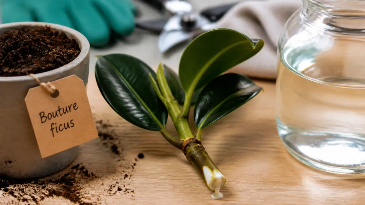 Bouture ficus elastica : tige entre eau et terreau