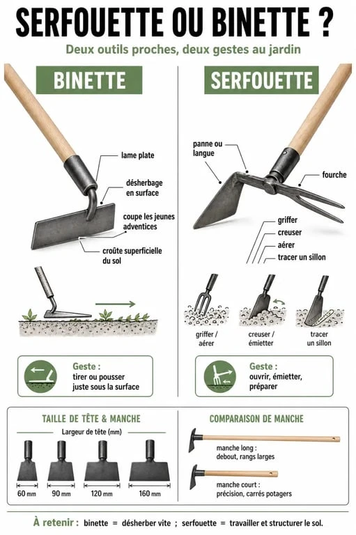 Serfouette ou binette : infographie comparative des usages et différences au jardin