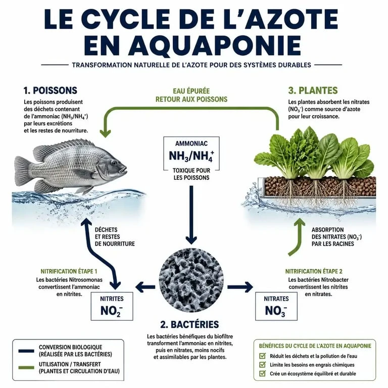 Schéma explicatif du cycle de l'azote en aquaponie