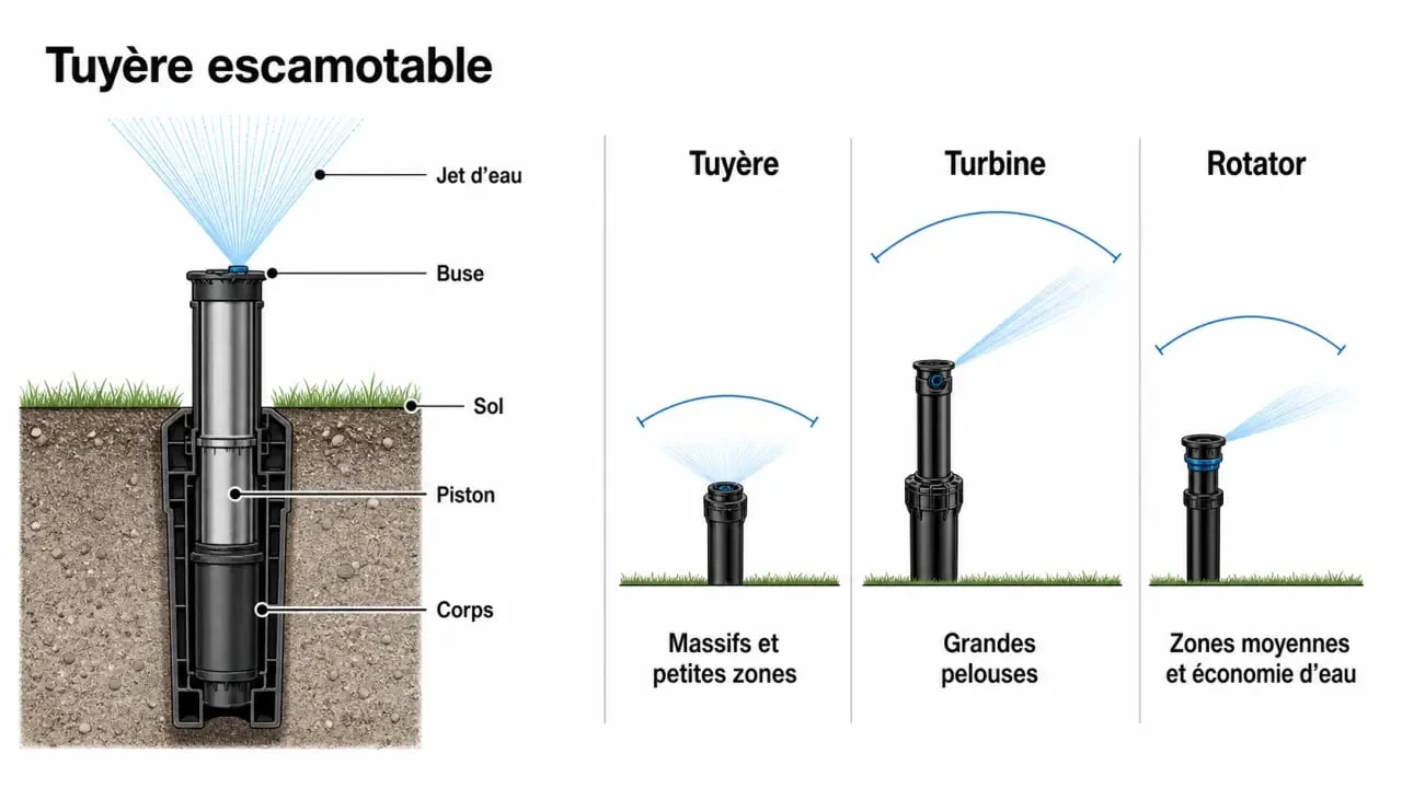 Tuyere arrosage automatique : schéma comparatif entre tuyère, turbine et rotator