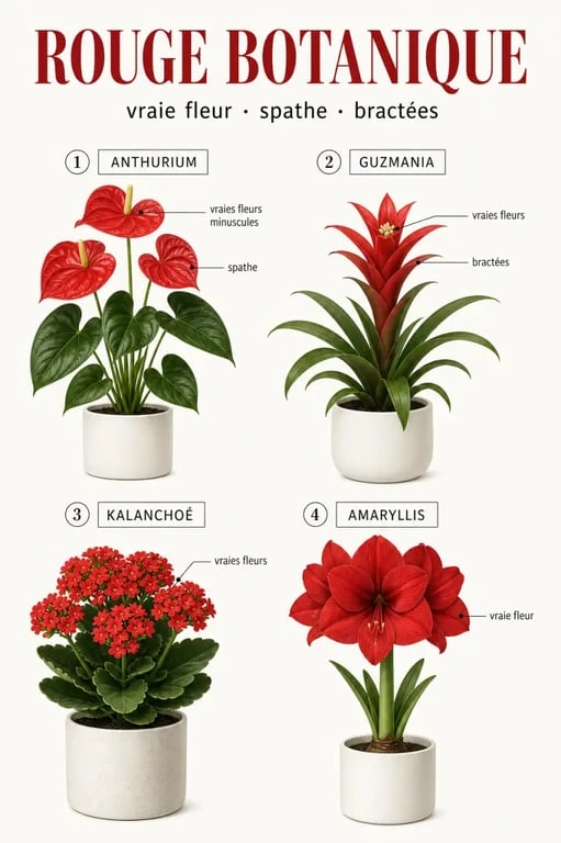 Plantes d’intérieur fleurs rouges : anthurium, guzmania, kalanchoé et amaryllis dans une composition comparative