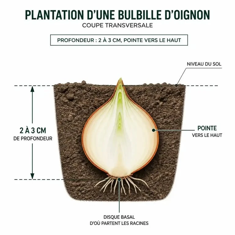 Schéma de plantation des oignons à planter : profondeur et orientation de la bulbille