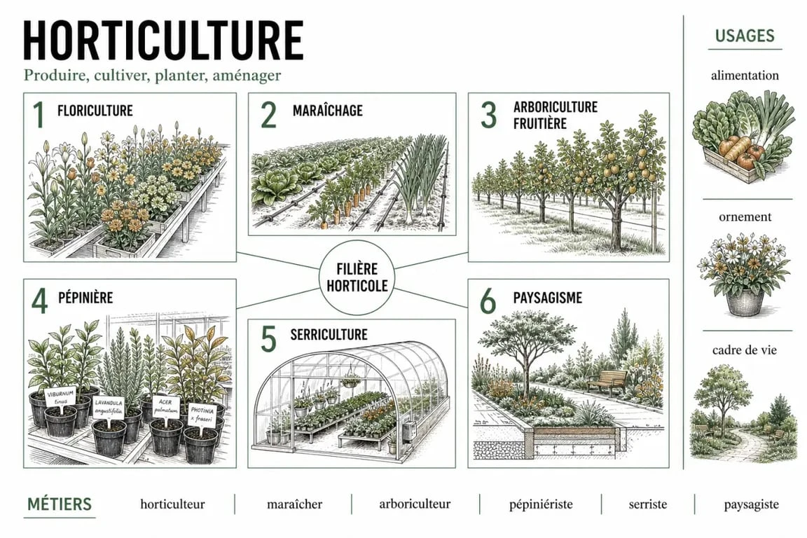 L horticulture expliquée dans une infographie sur ses branches, ses métiers et ses techniques