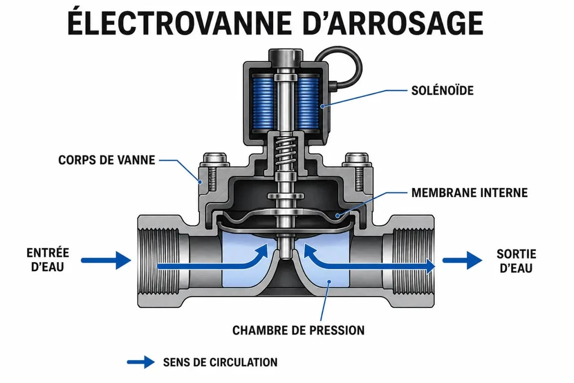 Schéma technique d'une vanne d'arrosage automatique montrant le fonctionnement du solénoïde