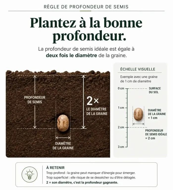 Schéma explicatif de la profondeur de semis pour réussir ses graines potagères