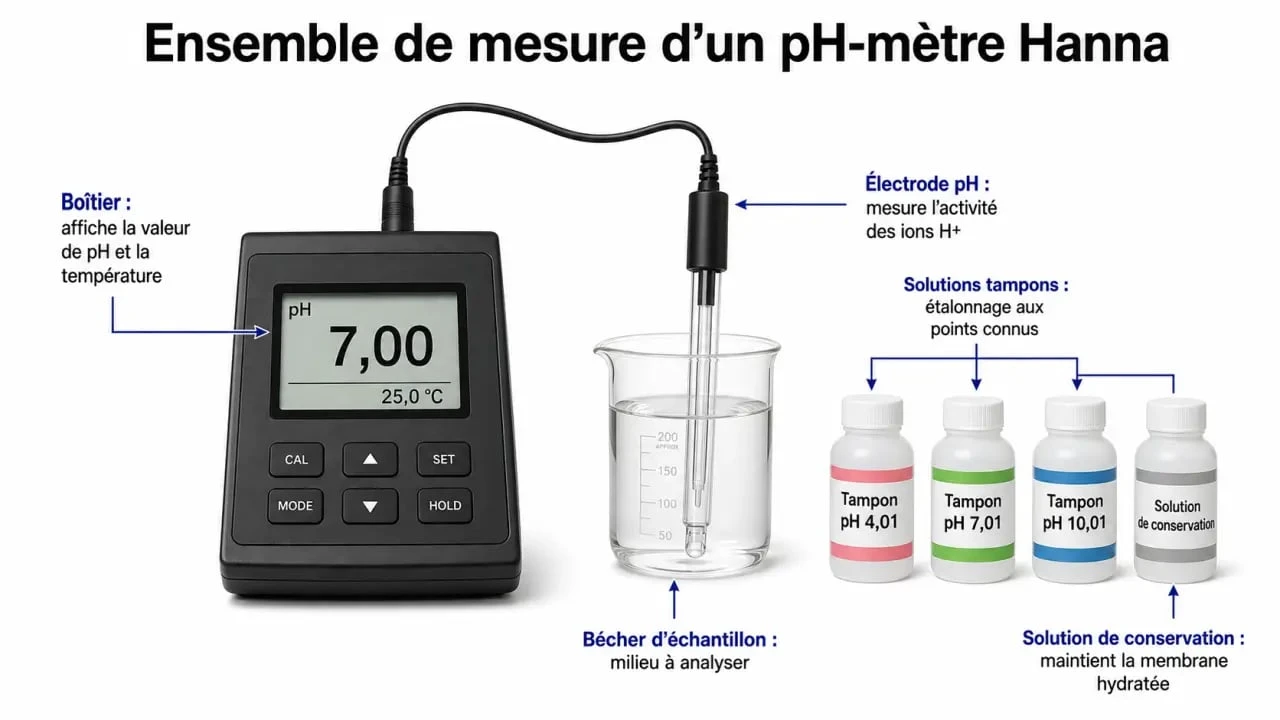 pH mètre Hanna, électrode et solutions d’étalonnage