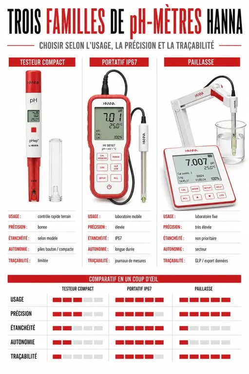 Comparatif pH mètre Hanna entre testeur compact, portatif et paillasse