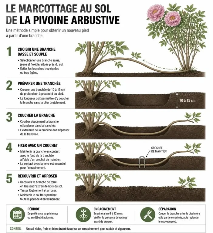 Schéma explicatif du marcottage au sol pour la multiplication de la pivoine arbustive