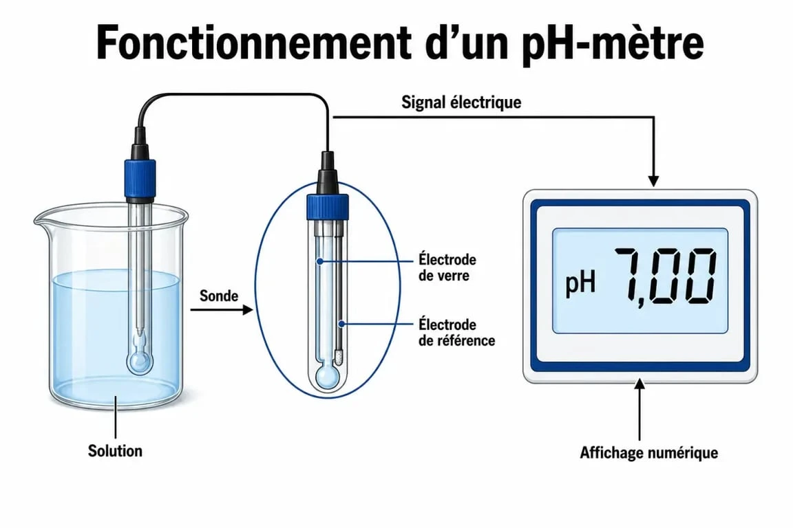 Schéma du fonctionnement d’un ph mètre avec électrode de verre et électrode de référence