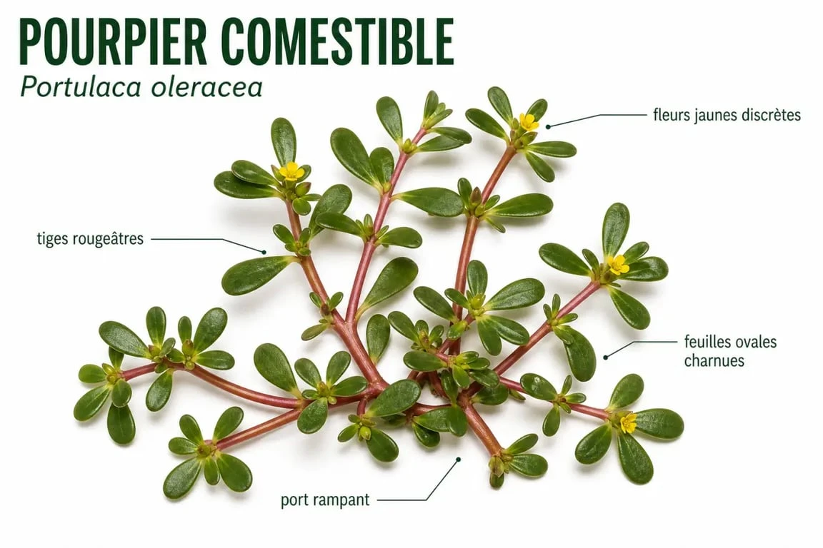 Pourpier comestible en gros plan avec tiges rampantes et feuilles charnues