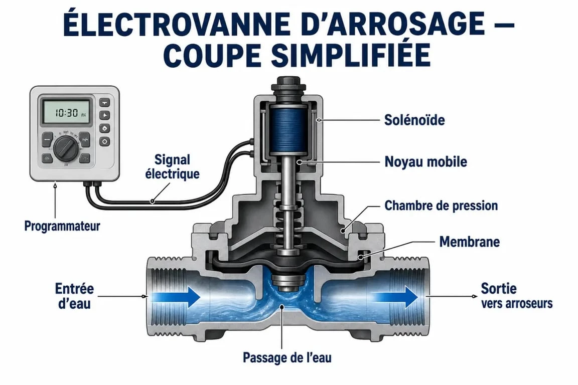 Électrovanne pour arrosage automatique en schéma explicatif avec programmateur, solénoïde et membrane