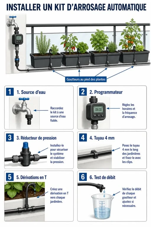 Arrosage automatique jardiniere : schéma d’installation pas à pas sur balcon