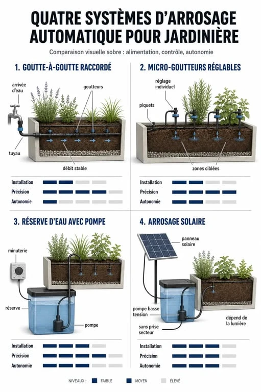 Arrosage automatique jardiniere : comparaison des systèmes pour balcon et terrasse