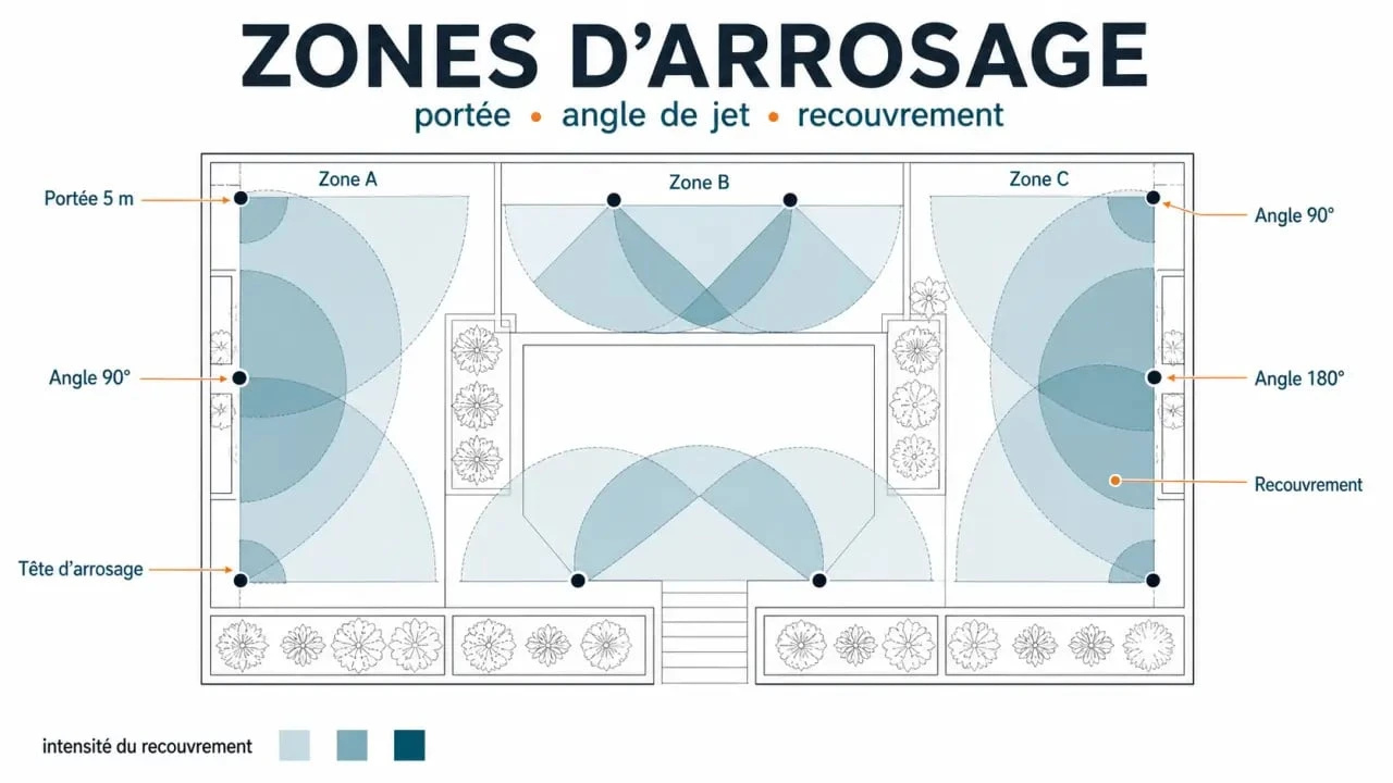 Tête arrosage automatique : portée, angle et recouvrement dans un jardin