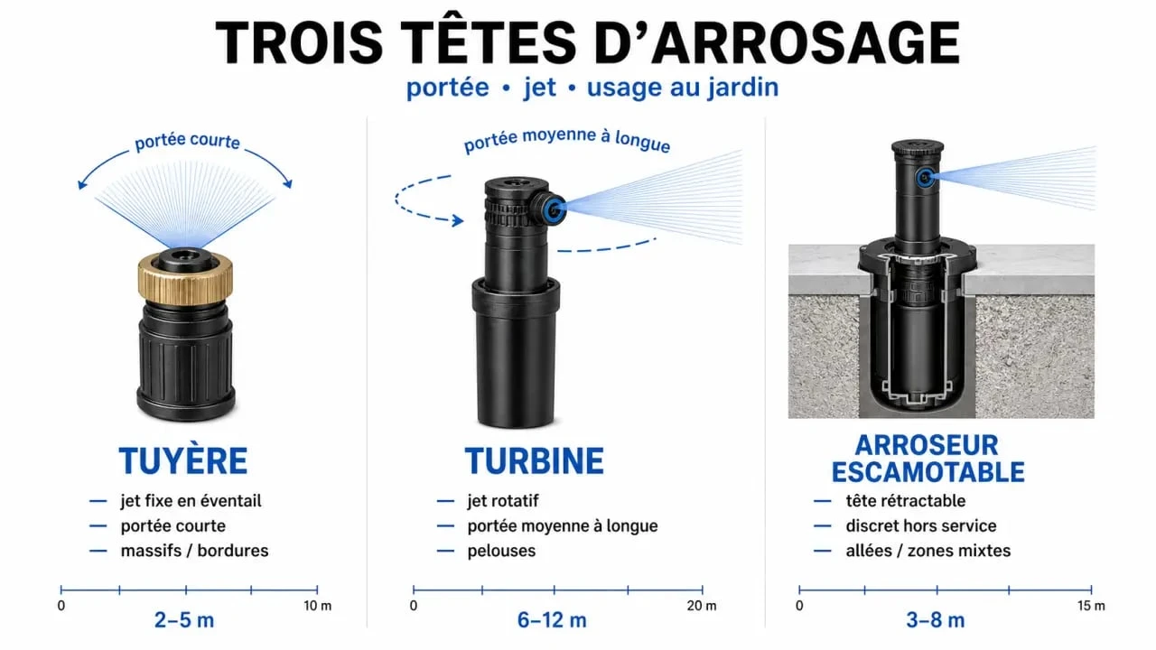 Tête arrosage automatique : comparaison entre tuyère, turbine et arroseur escamotable