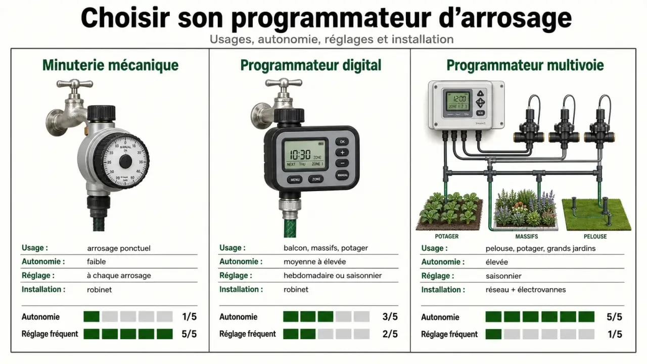 Infographie sur l’arrosage automatique minuteur montrant la différence entre minuterie, programmateur digital et multivoie