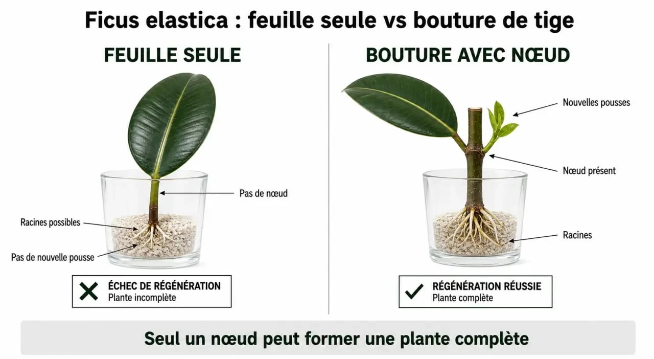 Différence entre bouture ficus elastica de feuille seule et bouture de tige avec nœud