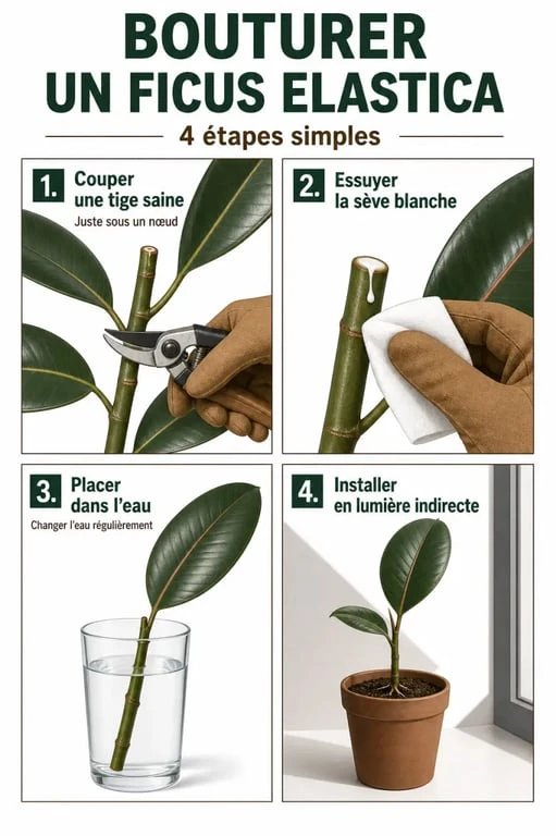Bouture ficus elastica en quatre étapes avec tige, eau et lumière indirecte
