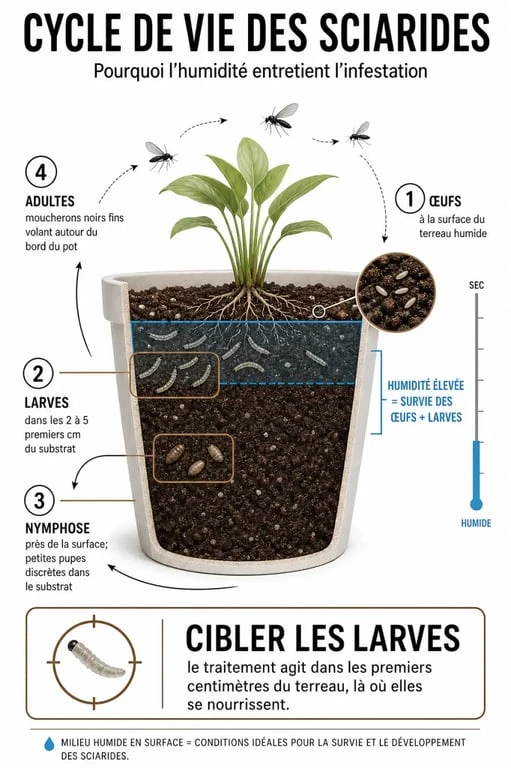 Cycle de vie des anti moucherons plantes d intérieur et des sciarides dans un pot