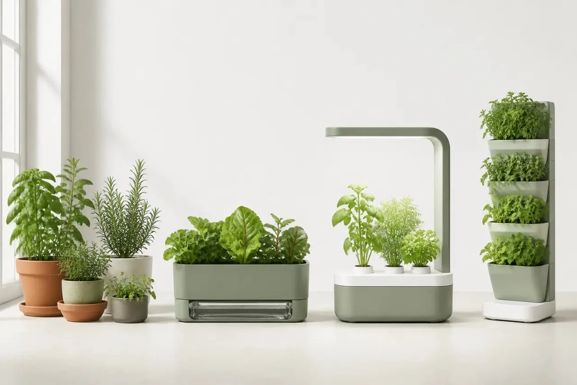Comparatif visuel de potager d'intérieur avec pots, réservoir, kit LED et module vertical