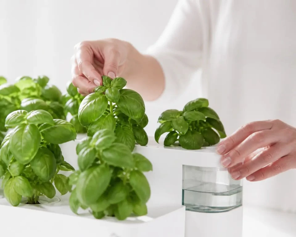 Entretien et récolte d’un potager d'intérieur avec basilic et réservoir d’eau
