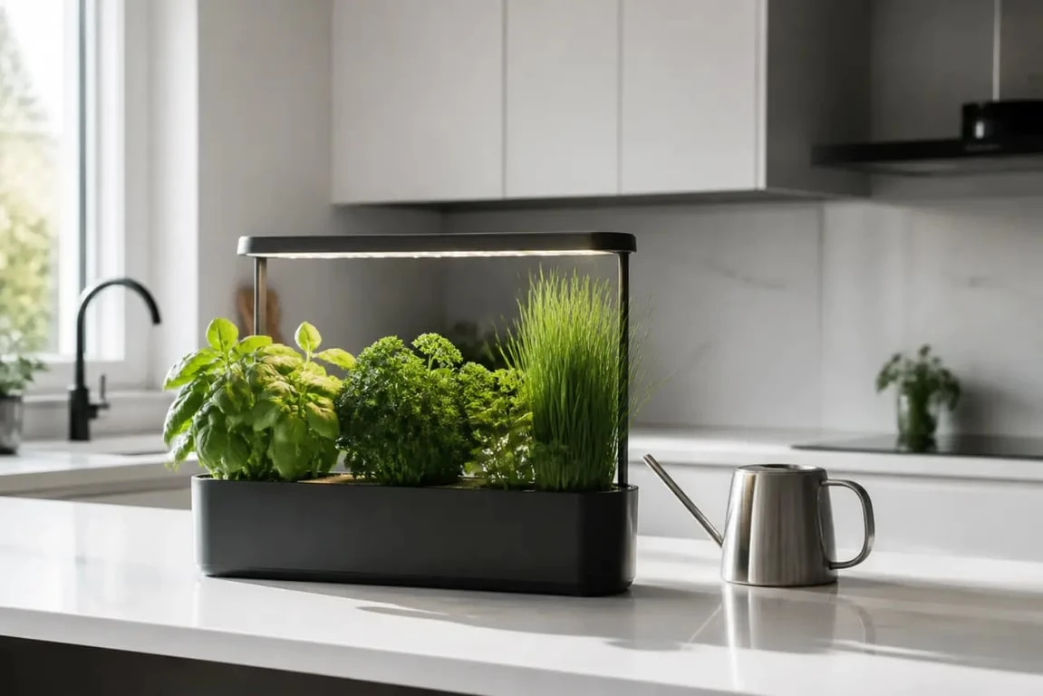 Potager d'intérieur dans une cuisine lumineuse avec aromates et kit LED