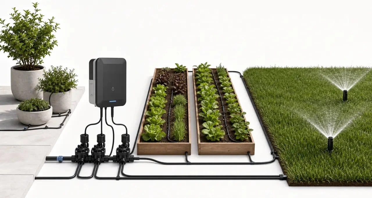 Matériel arrosage automatique pour terrasse, potager et pelouse avec programmateur et électrovannes