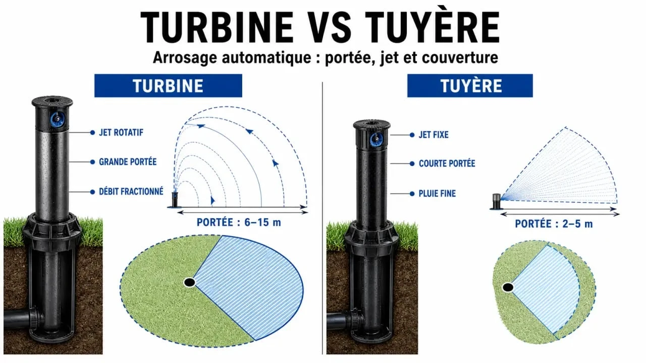Comparaison turbine arrosage automatique et tuyère sur une pelouse