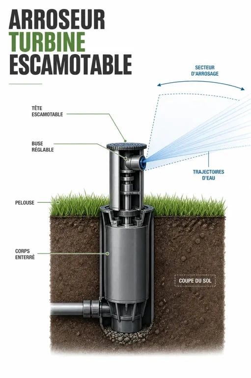 Turbine arrosage automatique escamotable en fonctionnement sur pelouse