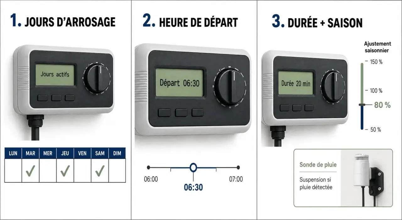 Programmation arrosage automatique : schéma pas à pas des réglages jours, heure de départ et durée