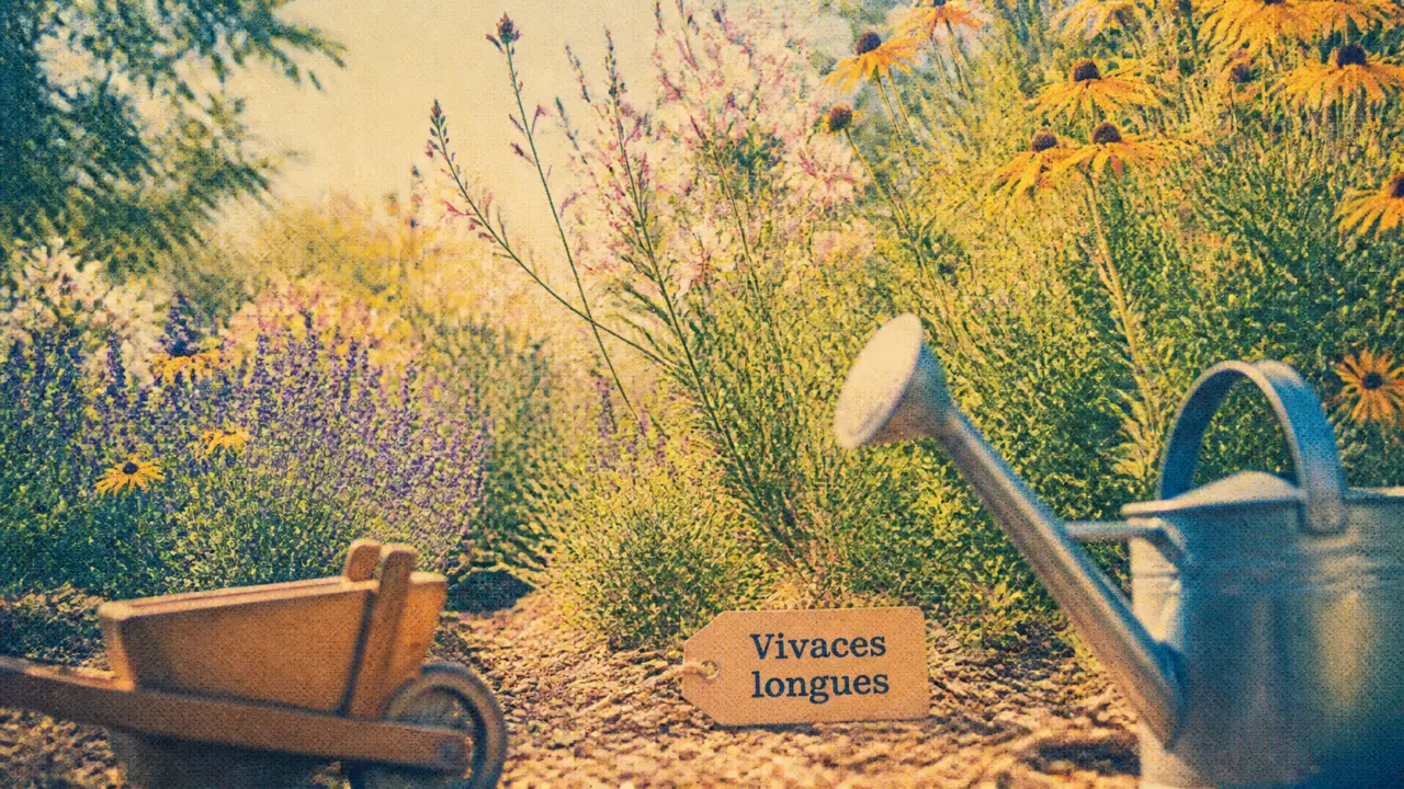 Fleur vivace longue floraison : gaura, rudbeckia et népéta en massif ensoleillé