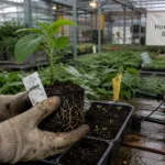 L horticulture en serre : mains gantées tenant un jeune plant, arrosage goutte-à-goutte