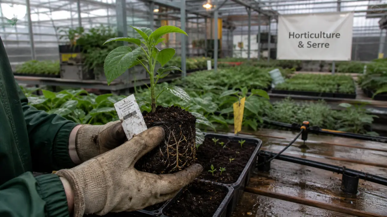 L horticulture en serre : mains gantées tenant un jeune plant, arrosage goutte-à-goutte