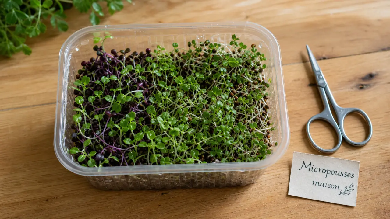 Photo micro pousse maison : jeunes plants verts et pourpres