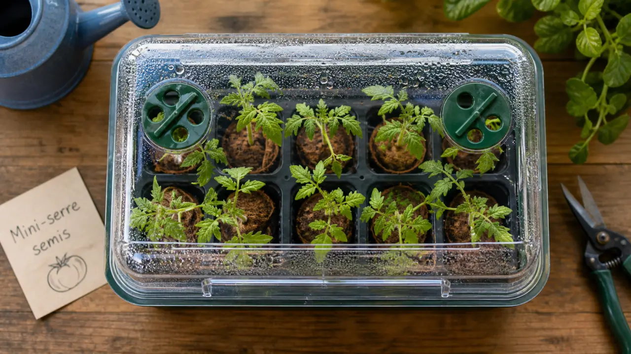 Mini serres de jardin : semis en mini serre polycarbonate, clapets d’aération ouverts