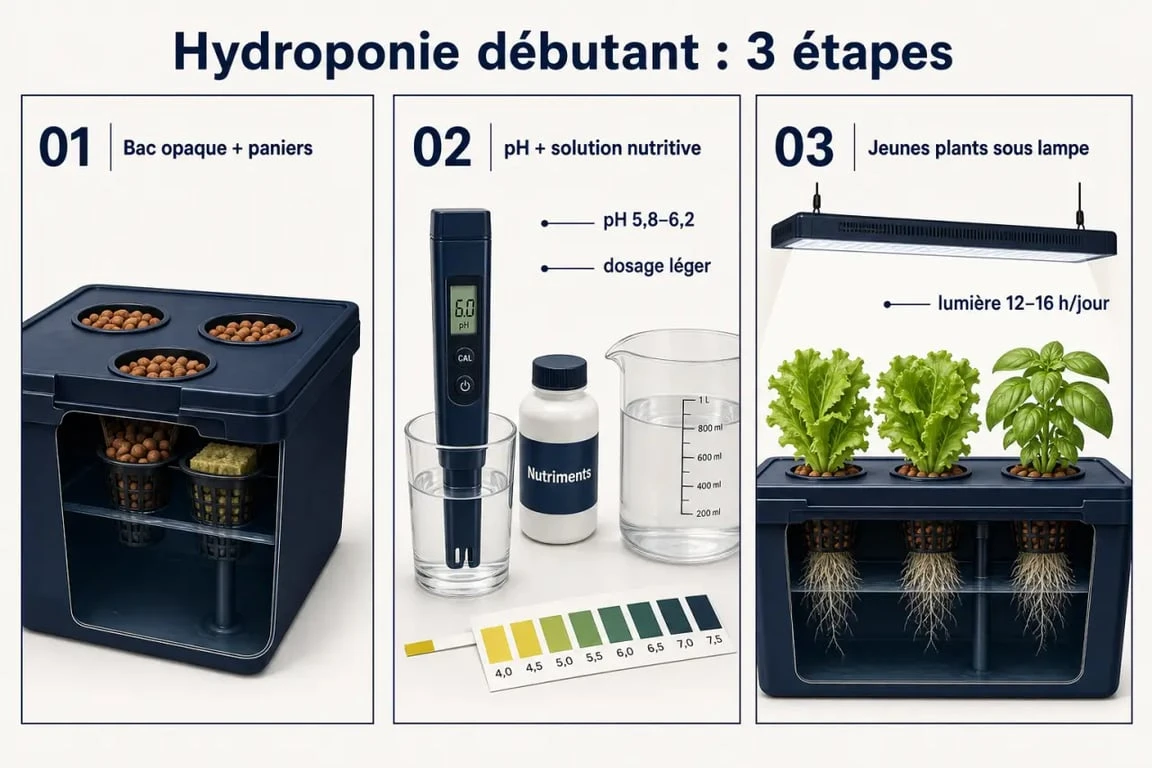 culture hydroponique debutant : schéma du démarrage en trois étapes avec bac, solution nutritive et jeunes plants